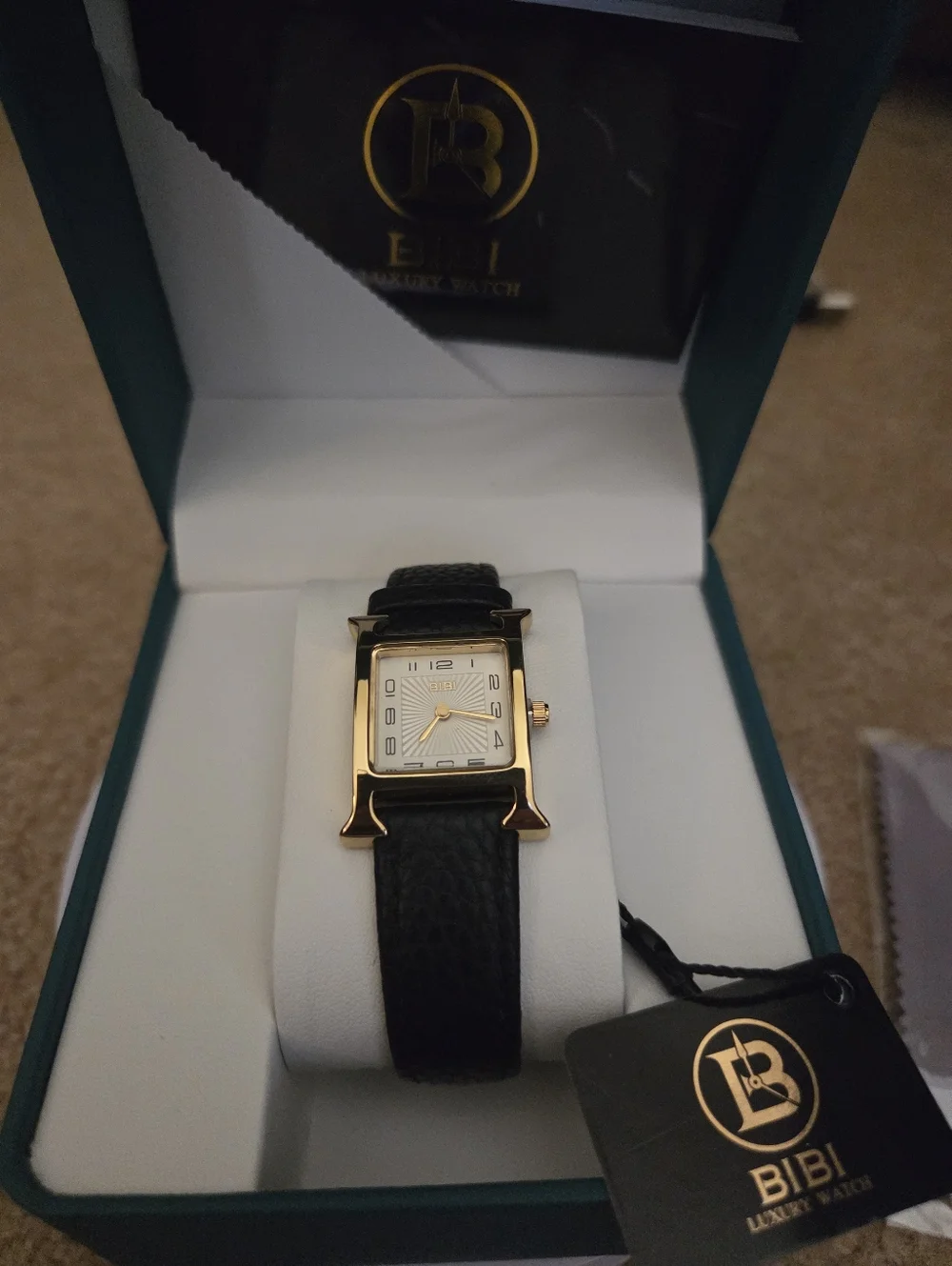Bibi Luxury Square Gold Womens Watch Sunburst Face Brown Pebble Leather Strap